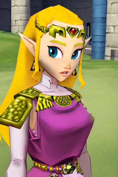 upper body, parted lips, looking to the side, low poly, an animated character, BREAK 1girl, solo, princess zelda, long hair, tiara, earrings, triforce, blonde hair, blue eyes, breasts, grassy field with a castle in the background
<lora:Ocarina64:1> <lora:Raichiyo_Style_v2:0.8>