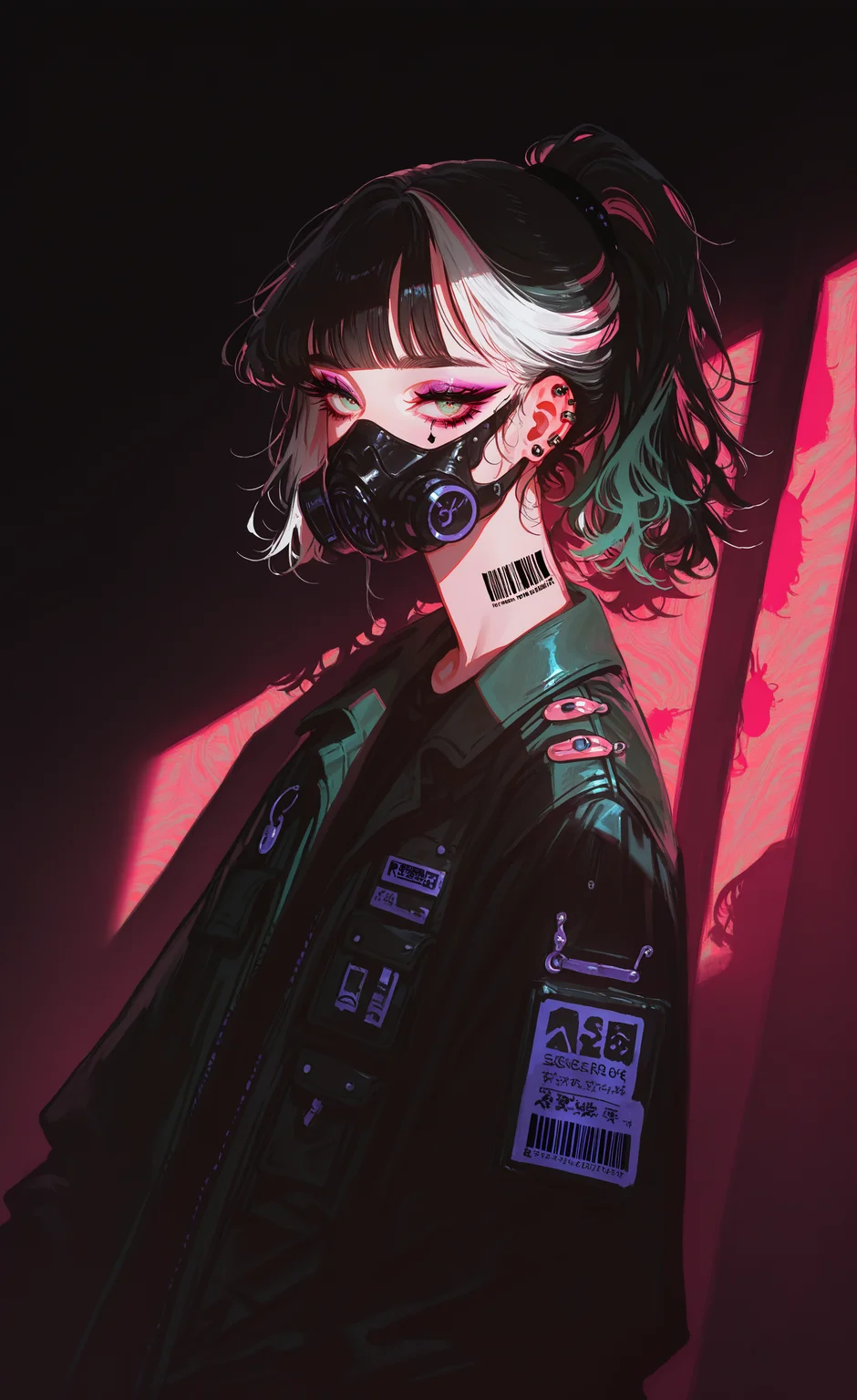 masterpiece, best quality, good quality, very aesthetic, absurdres, newest, from_side, Dutch Angle,
shadows, gobo lighting 1girl, solo, black_hair, jewelry, green_eyes, jacket, upper_body, white_hair, pink_hair, ponytail, multicolored_hair, earrings, green_hair, blunt_bangs, two-tone_hair, streaked_hair, looking_to_the_side, eyelashes, tattoo, makeup, mask, headband, piercing, facial_mark, ear_piercing, eyeshadow, mouth_mask, eyeliner, barcode, earclip, mascara, black_headband, black_mask, safety_pin, respirator, pink_eyeshadow, purple_eyeshadow, looking_at_viewer, <lora:ponyv4_noob1_2_adamW-000017:0.7> <lora:USNR_STYLE_XL_lokr:0.85> <lora:GOBOLightingILL:0.9> <lora:fennerILL:0.7>