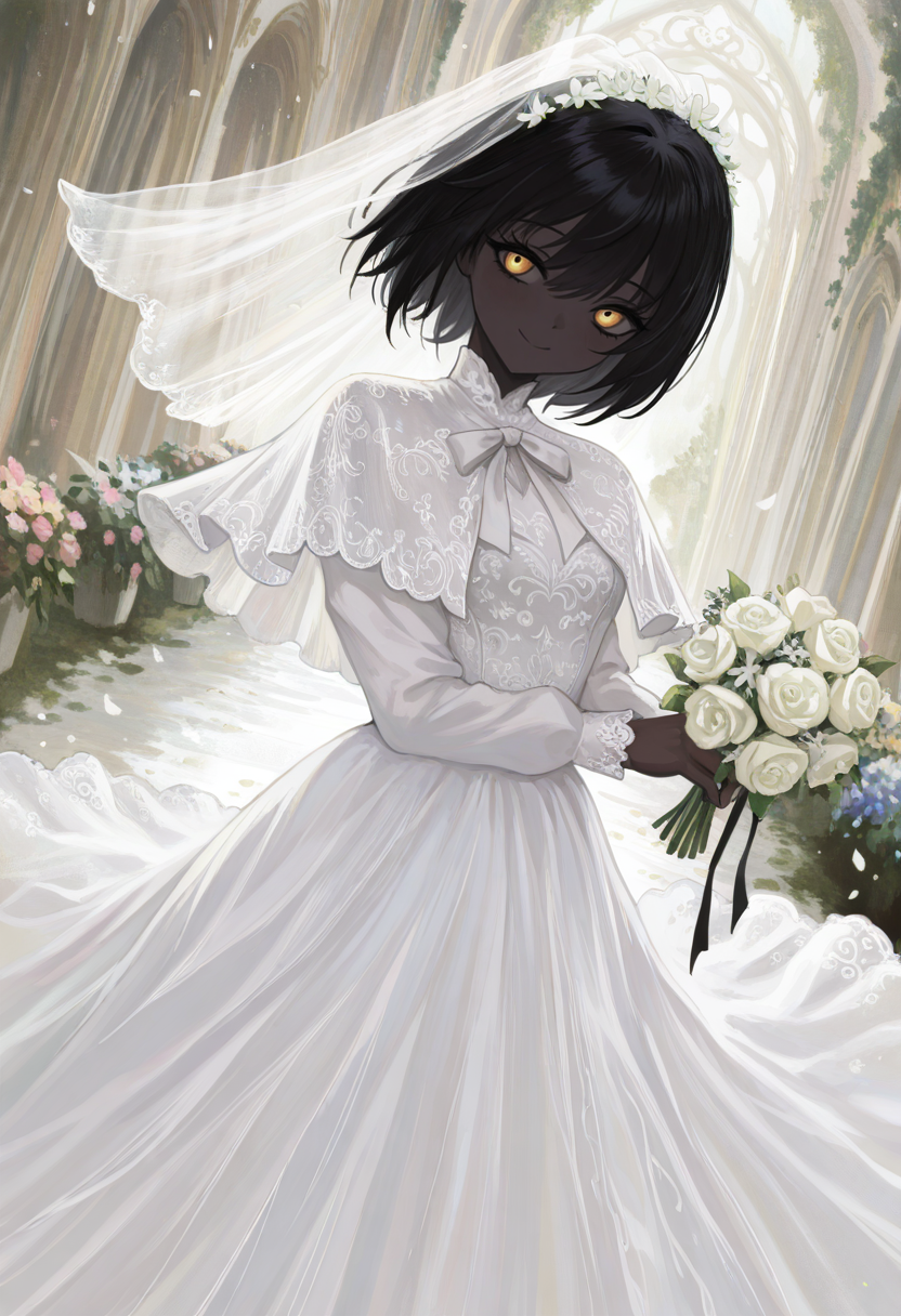 masterwork, perfect quality , amazing quality, absurdres, newest, hyper detailed, detailed, masterpiece, highly detailed, best quality, absolutely eye-catching, 1girl, solo, theprincess, dark-skinned female, very dark skin, black hair, short hair, yellow eyes, wedding dress, bridal veil,  white dress, bow, capelet, long sleeves, flower, wedding, smile, scenery, dynamic pose, (dramatic angle, dynamic angle:1.2), facing viewer, looking at viewer,  <lora:theprincess-illust:1> <lora:NOOB_vp1_detailer_by_volnovik_v1:0.3> <lora:spo_sdxl_10ep_4k-data_lora_webui:0.6> <lora:748cmSDXL:0.3> <lora:mon_monmon2133:0.4> <lora:noobai_vpred_1_masterpieces_v23:0.5>