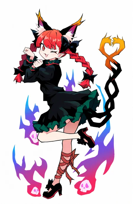 kaenbyou_rin, 1girl, solo, long_hair, looking_at_viewer, smile, open_mouth, simple_background, long_sleeves, white_background, red_eyes, dress, bow, animal_ears, standing, tail, full_body, braid, hair_bow, red_hair, one_eye_closed, puffy_sleeves, cat_ears, black_footwear, high_heels, twin_braids, cat_tail, black_bow, standing_on_one_leg, juliet_sleeves, multiple_tails, extra_ears, paw_pose, two_tails, nekomata, heart_tail