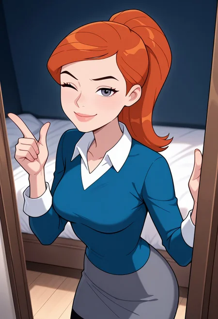 gwenuaf, 1girl, ponytail, solo, orange hair, lips, breasts, collared shirt, long sleeves, blue shirt, white shirt collar, dark grey skirt, black best, black pants,, solo,, orange hair, lips, breasts, masterpiece, best quality, amazing quality, very aesthetic, absurdres, newest,
pointing at viewer, wink, smile, finger guns, bedroom,