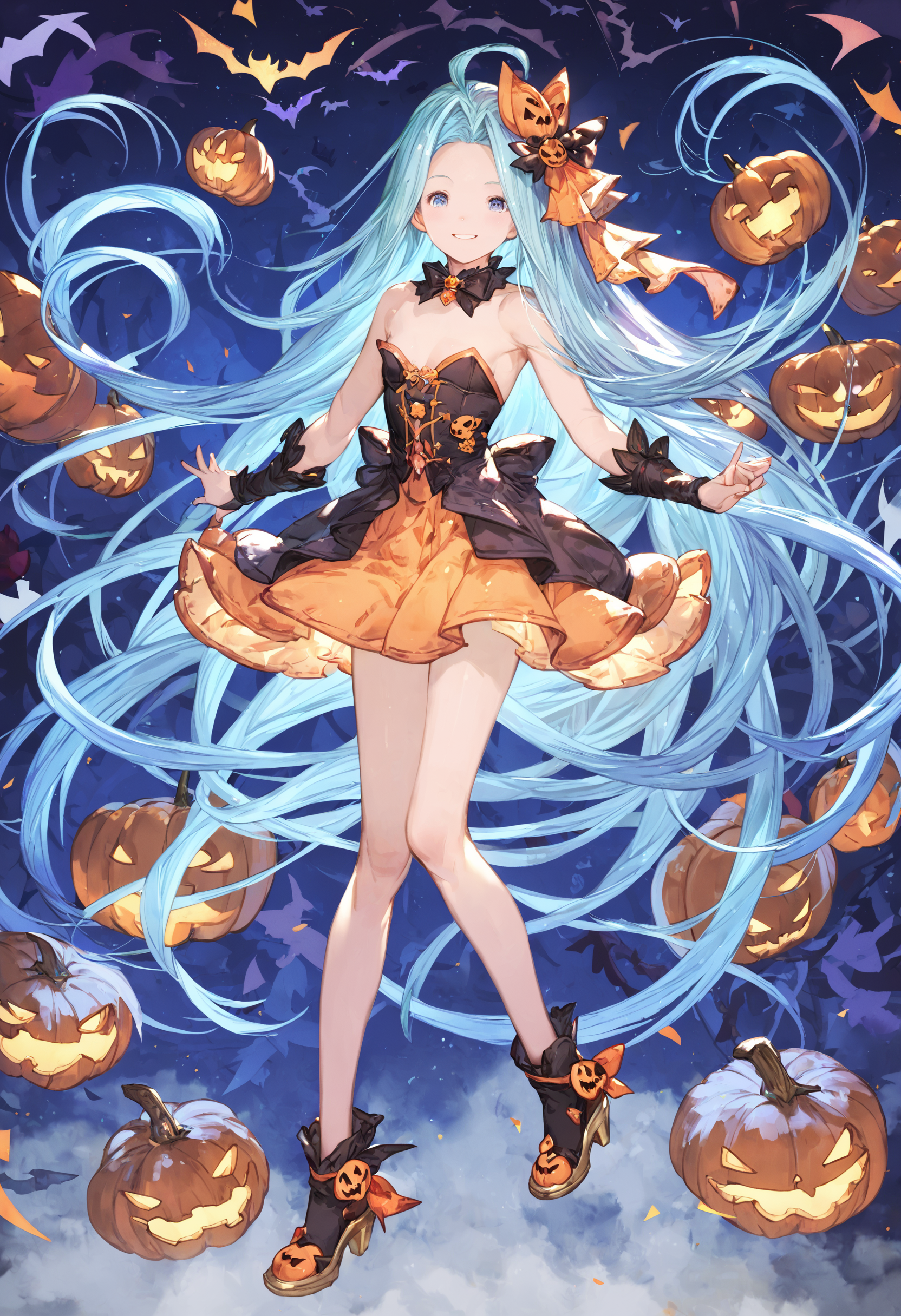 score_9, score_8_up, score_7_up,score_6_up, source_anime, best quality, aesthetic, absurdres, realistic, 
full body, 
halloween, halloween costume, happy halloween, official alternate costume, hair ornament, 
1girl, solo, smile, (clear eyes:1.1), looking at viewer,
Lyria (Granblue Fantasy), very long hair, blue hair, (body_slim:1.1), small breasts, bare legs, 
<lora:Lyria-Pony:0.8>  <lora:IshikePony:0.2>