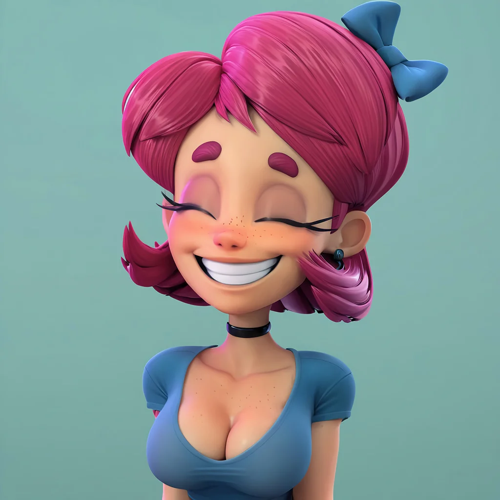 <lora:ScarletYerkDiffv1.0:1> (zPDXL3), source_cartoon, scarlet_yerkdiff, 1girl, solo, human, tan skin, short hair, pink hair, blue hair bow, ear piercings, freckles, black choker, blue midriff, short sleeves, medium breasts, cleavage BREAK headshot portrait, short eyebrows, raised eyebrows, closed eyes, eyelashes, grin, teeth BREAK 3d, render, simple background