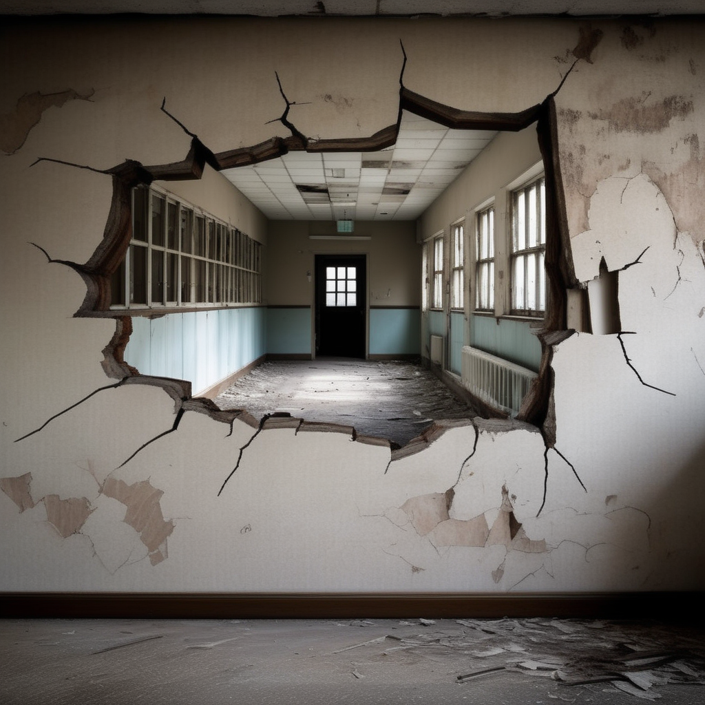 hole,A photorealistic image of a cracked wooden wall, with splinters and jagged edges, revealing a glimpse into an abandoned hospital. The hospital should evoke a sense of dread and unease, <lora:PostApocalypticXL_v1:0.3>, perhaps with flickering lights, peeling paint, and old medical equipment scattered around. The wooden wall should have realistic textures, showing signs of age and decay, as if it has been standing for years. The cracks in the wood should be large enough to give a clear view into the unsettling hospital scene, but not so large as to reveal everything. The atmosphere should be thick with tension, making the viewer wonder what happened in this forsaken place, <lora:hole2:0.6>