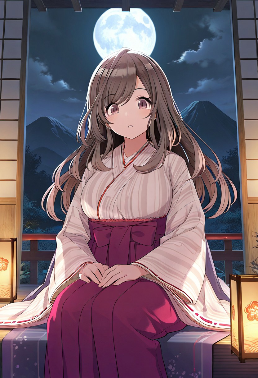 masterpiece,best quality,amazing quality, tsukioka kogane, long hair, brown hair, brown eyes, 1girl, japanese clothes, layered clothes, solo, moon, kimono, very long hair, full moon, looking at viewer, night, lantern, wide sleeves, mountain, sitting