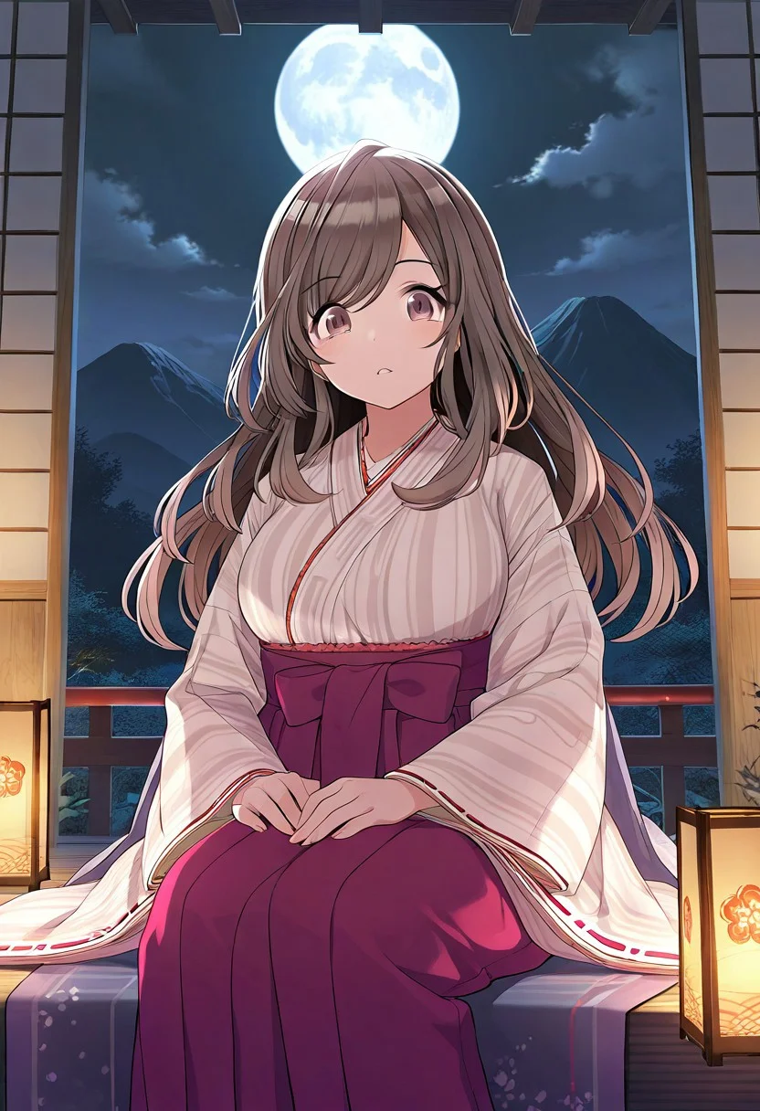 masterpiece,best quality,amazing quality, tsukioka kogane, long hair, brown hair, brown eyes, 1girl, japanese clothes, layered clothes, solo, moon, kimono, very long hair, full moon, looking at viewer, night, lantern, wide sleeves, mountain, sitting