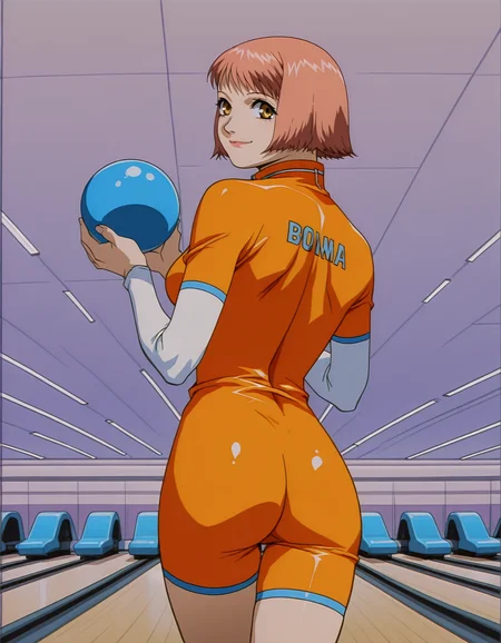 <lora:mikura-noupscale-illustrious-000020:1> mikuraova
bodysuit,
1girl, solo, holding, bowling ball, looking back, smile, from behind, bowling alley, masterpiece, best quality