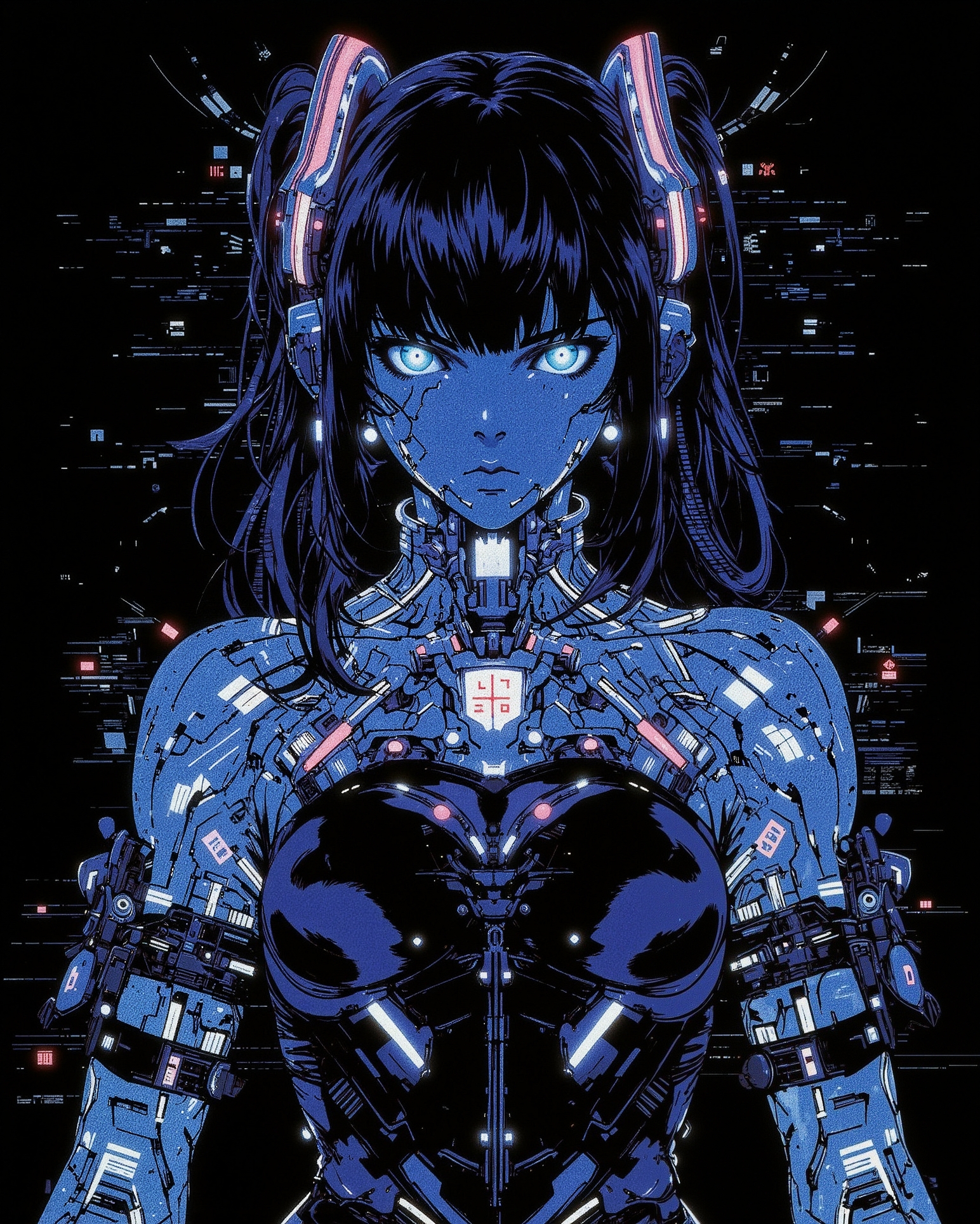 haunting upper body portrait of a hatsune miku, pigtails, wearing her iconic dress, her form partially dematerializing into streams of digital code and light particles. Her silhouette is regal, with high collar elements suggesting authority. she is a data stream.