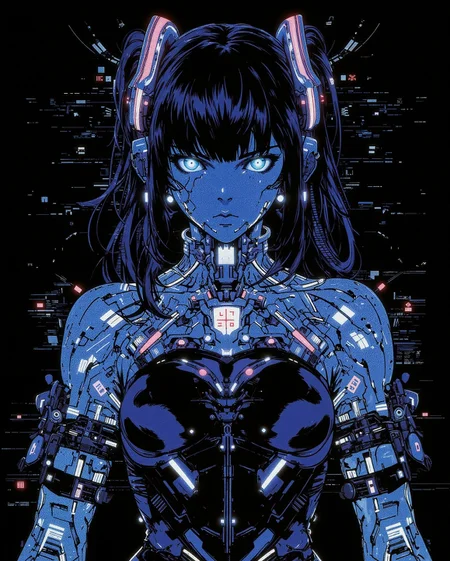 haunting upper body portrait of a hatsune miku, pigtails, wearing her iconic dress, her form partially dematerializing into streams of digital code and light particles. Her silhouette is regal, with high collar elements suggesting authority. she is a data stream.