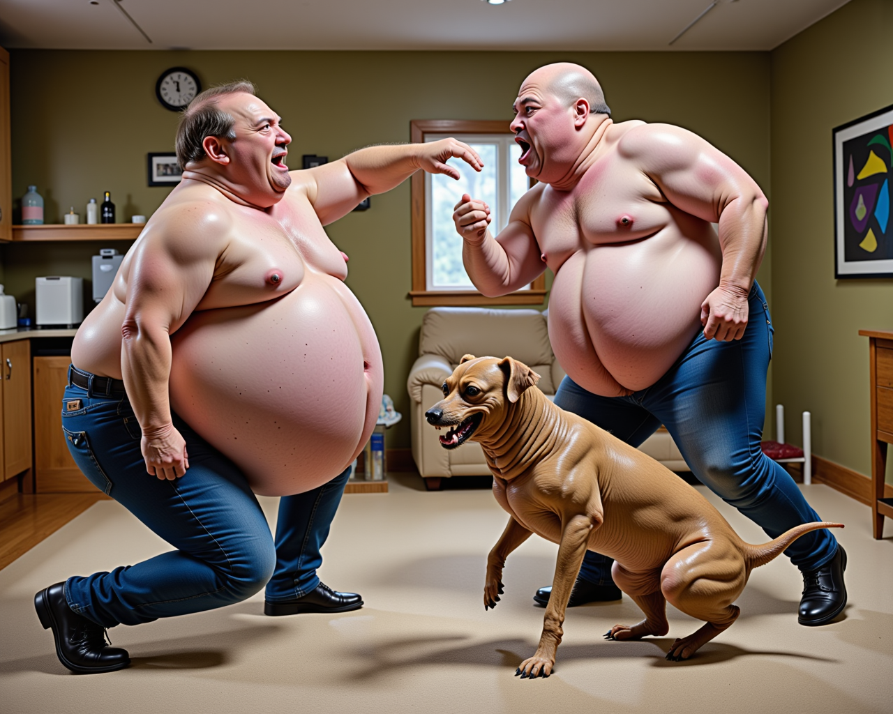 An image where Pregnant men are fighting each other and their motivation is that the winner will ask old man goop brains to marry his PeenKin dog.
