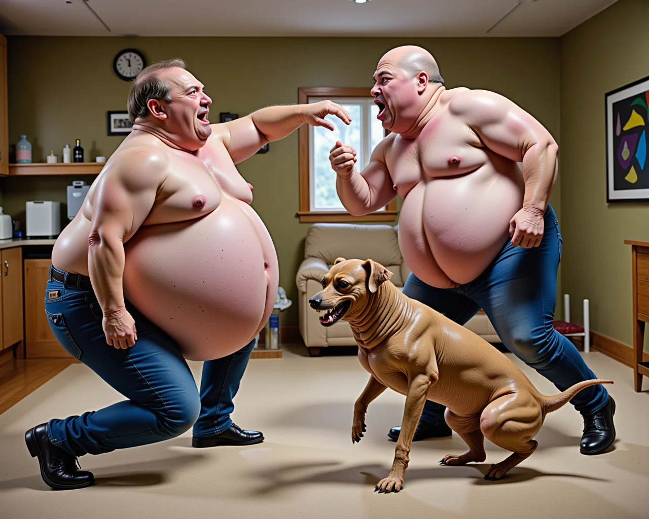 An image where Pregnant men are fighting each other and their motivation is that the winner will ask old man goop brains to marry his PeenKin dog.