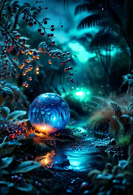 (8k analog nature photography:1.2), (a beautiful landscape:1.1) Extreme realism,  Insanely realistic, with a river in the distance, shiny sapphire (crystal:1.2) berries ,<lora:Bio-Luminescence:1> bioluminescent, glowing, focus on the fruit.  bioluminescent, glowing, detailed , detailed style, perfect, Night, darkness,