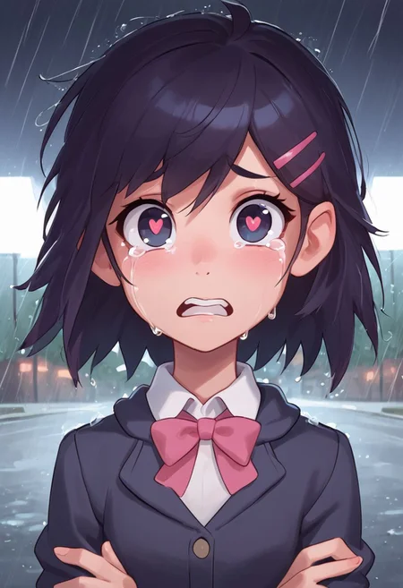 1girl,female pervert,kawaii,bishoujo,upper body,solo,looking at viewer, in the rain,rainy days,storm,outdoor,pink lucency full dress,cardigan,street,crying with eyes open,heart-shaped eyes,cry loudly,lots of tears,open mouth,cute face,teeth ,arms crossed, bowtie,hairclip,endured face,crazy,sad,masterpiece, best quality