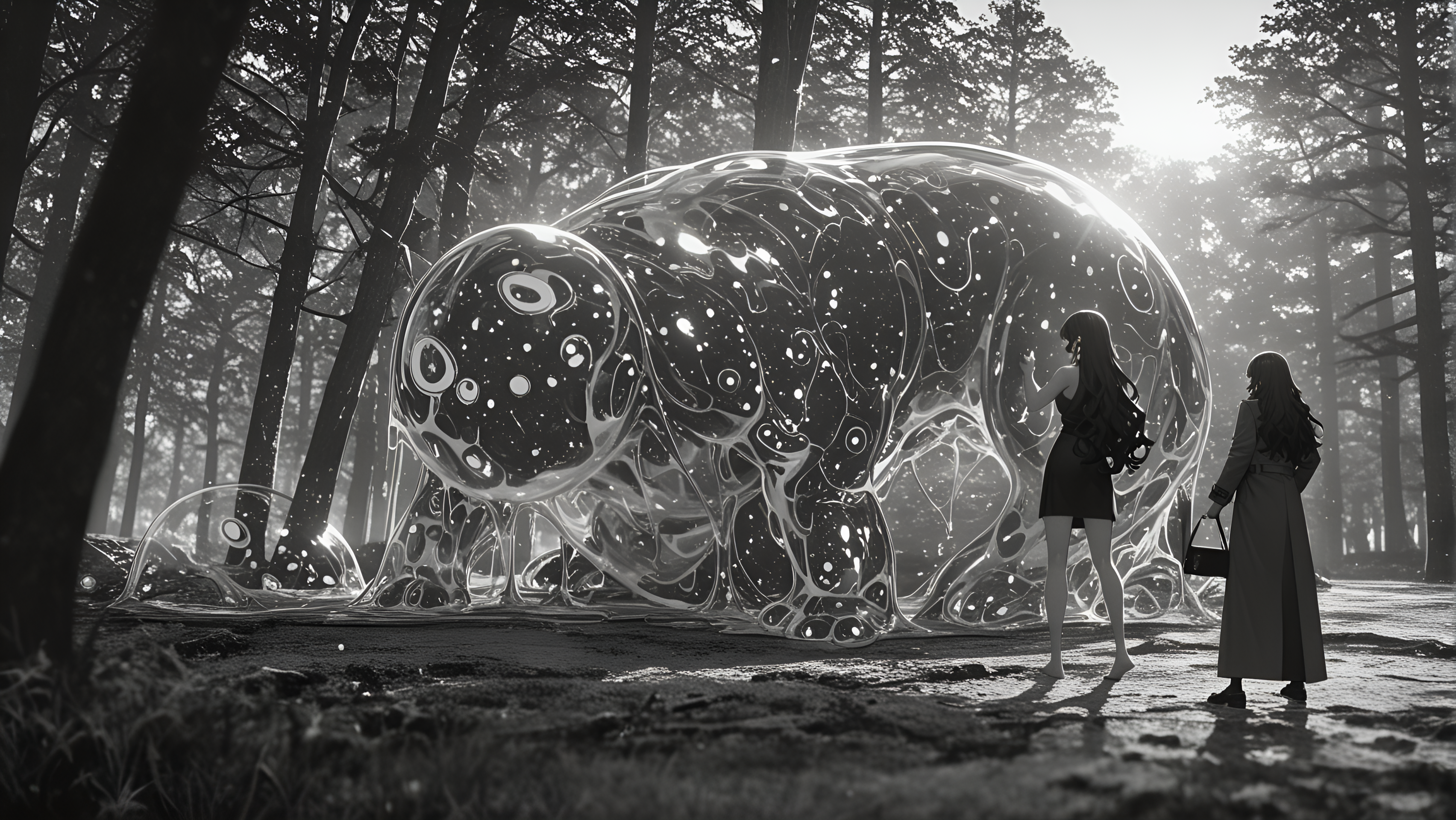 very long hair, anime character, expressionless, loafers, barefoot, ultra-detailed, lean muscle, Standing with back against wall, medium breasts, light skin, absurdres, vhs tape aesthetic, summer, midi_dress, Grayscale Theme, slime, depth of field, best quality, Forest where trees have bark like intricate circuitry., Midday Sun / High Noon, 8K, ambient occlusion, trench_coat, ray_tracing, very aesthetic, sunset, slime_(creature), multiple others, Midnight black hair, motion_lines:1.1, tote_bag, nail_polish, absolutely eye-catching, newest, masterpiece, HDR, motion_blur:1.1, blurry foreground, amazing quality, earrings, Multi-panel layout, long_nails, Wavy hair, Yoimiya (Genshin Impact)
