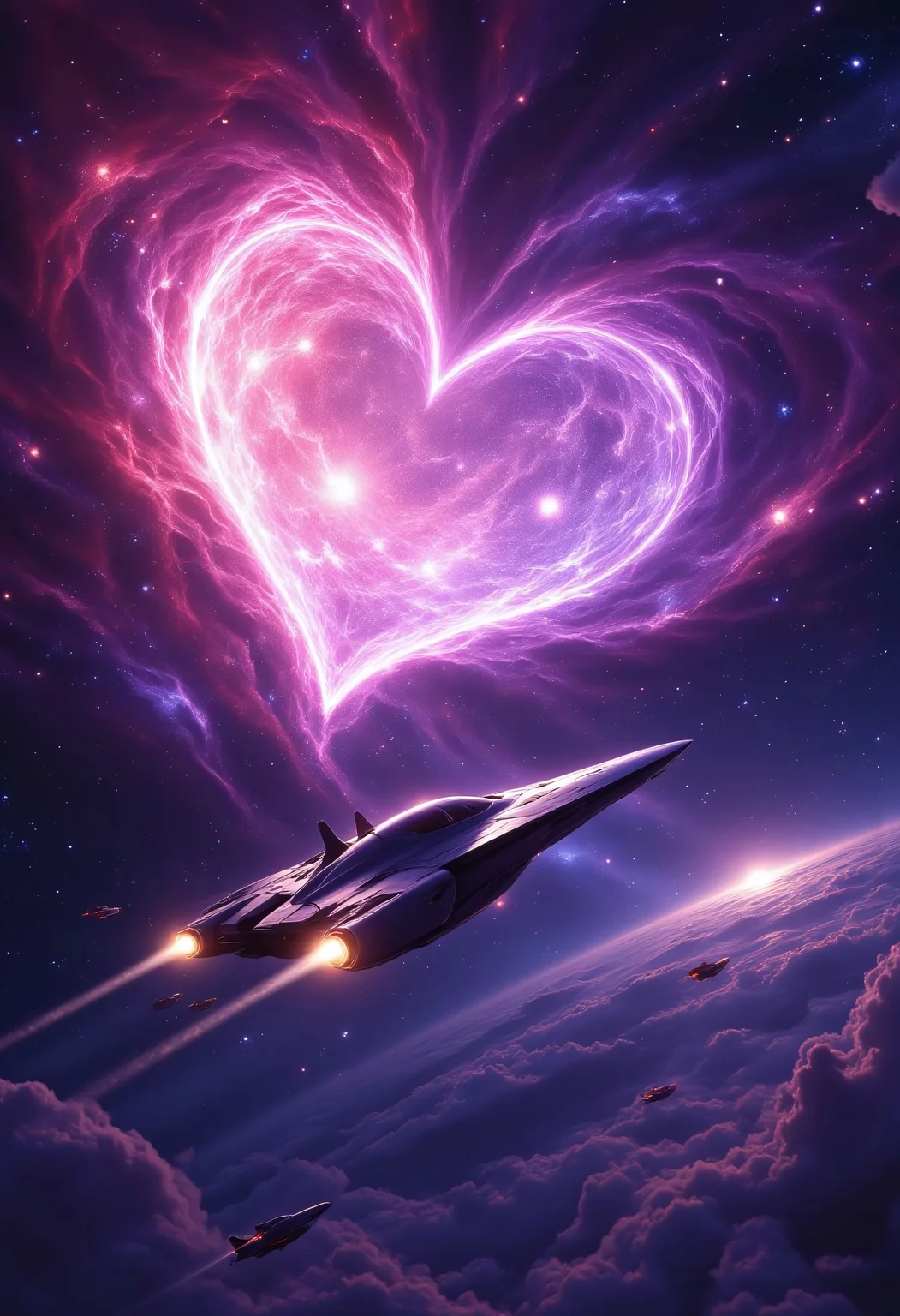 An enormous futuristic alien spaceship glides gracefully through the cosmos, its sleek, metallic hull reflecting the vibrant hues of a gigantic heart-shaped nebula ahead. The nebula glows in mesmerizing shades of purple and pink, swirling with cosmic dust and dotted with shimmering stars that twinkle like glitter. The spaceship’s engines emit a soft, romantic glow, leaving a trail of faint, heart-shaped energy pulses in its wake. Surrounding the scene are smaller alien ships, some shaped like arrows or cupid wings, adding a playful Valentine’s Day theme. The background is a deep, star-filled void, with distant galaxies and nebulae adding to the sense of wonder and romance