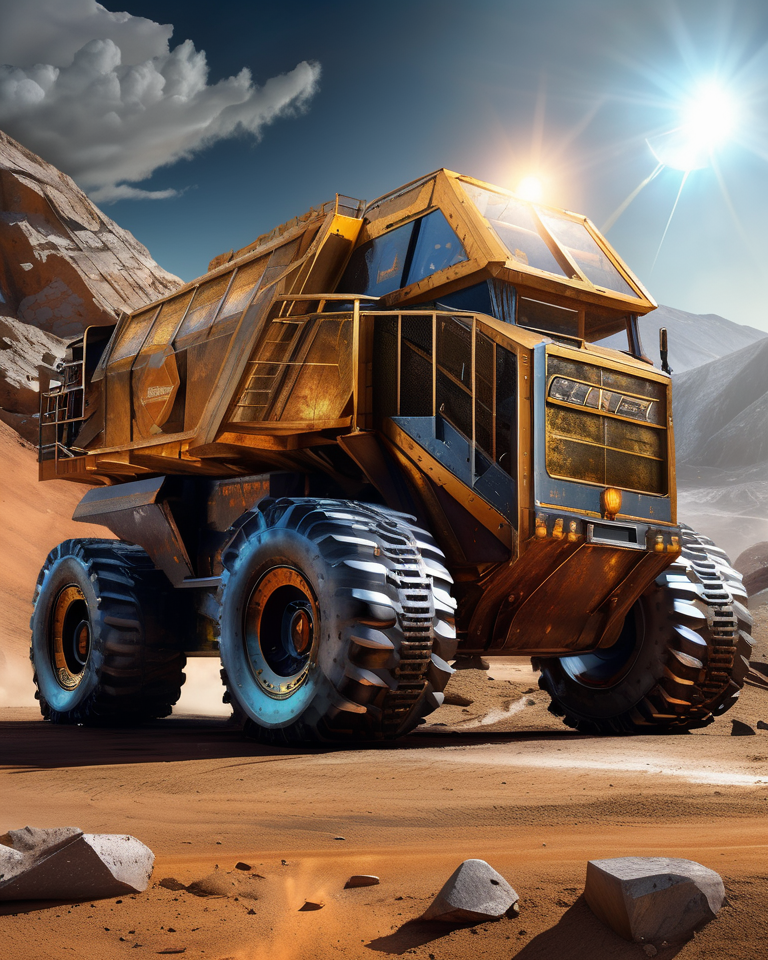 ((best quality)), ((masterpiece)), ((realistic)), (hyper detailed), Colossal Mining Vehicle,  Defogging Windows, Off-Road Lights,   Concrete, Vintage, Glossy Varnish, , Nebular Hypothesis,Heliocentric,Nadir,Celestial Meridian ((masterpiece)), 8K, HDR,  <lora:add-detail-xl:1>