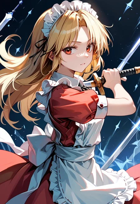 score_9_up, score_8_up, score_7_up, BREAK source_anime, (masterpiece), (best quality), 1girl, yumeko (touhou), blonde hair, weapon, dress, apron, holding, long hair, sword, maid, maid headdress, duel wielding, looking at viewer, upper body, (ultra detailed), shine, (from side:0.6), <lora:Yumeko_touhou(PC-98)-V1:1>