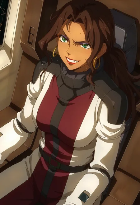score_9,score_8_up,score_7_up,anime coloring BREAK source_anime,anime,<lora:Amida_Arca_ORPHANS_Pony:0.8>,amida,1girl,solo,green eyes,brown hair,long hair,ponytail,hoop earrings,makeup,lipstick,dark skin,dark-skinned female,pilot suit,grin,sweat,sitting,cockpit,space,cowboy_shot,dutch angle,