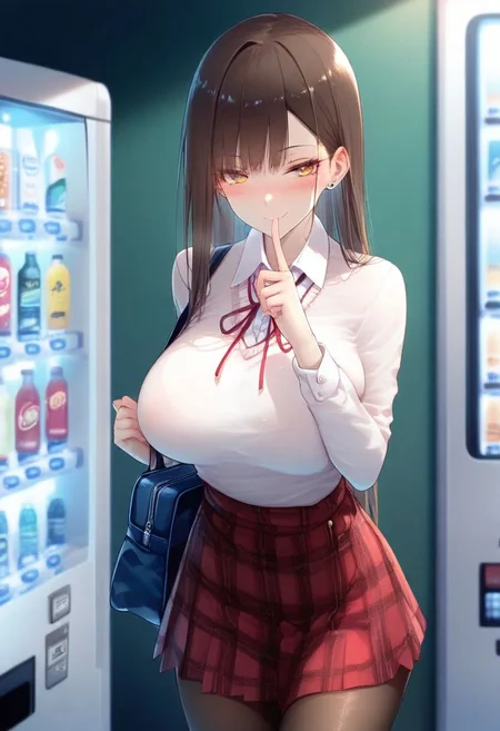 masterpiece, best quality, amazing quality, very aesthetic, absurdres, <lora:RLI(Illust)0.1v:1>,
1girl, solo, long hair, breasts, looking at viewer, blush, shirt, large breasts, skirt, brown hair, long sleeves, ribbon, closed mouth, jewelry, standing, pantyhose, outdoors, cowboy shot, earrings, pleated skirt, hand up, bag, blurry, sweater, plaid, neck ribbon, red skirt, plaid skirt, finger to mouth, brown pantyhose, shoulder bag, stud earrings, vending machine, naughty face,