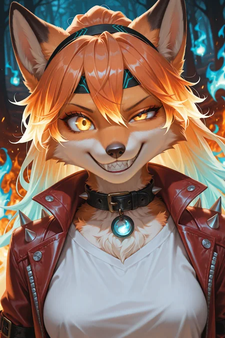 masterpiece, best quality, amazing quality, very aesthetic, high resolution, ultra-detailed, absurdres, newest, scenery, 1girl, furry, anthro, dark ambient, glow, anthro furry female orange fox, phoenix fox girl, orange fur, gradient hair, orange flame hair AND (blue flame hair:1.2), hair between eyes, glowing gradient orange yellow eyes, large eyes, uneven eyes, enface portrait, small, medium breasts, looking at viewer, intimidating, smirk, smug, grin, crazy smile, sharp teeth, black headband with fire pattern, black collar with white spikes, leather flaming hot red jacket over white shirt, cinematic lighting, fluffy, portrait, face focus, dutch angle, (detailed multicolor fire forest background, fiery background:1.2), (blue fire:1.2) AND red fire, BREAK, detailed eyes, photorealistic details, depth of field, detailed fluffy fur, volumetric lighting