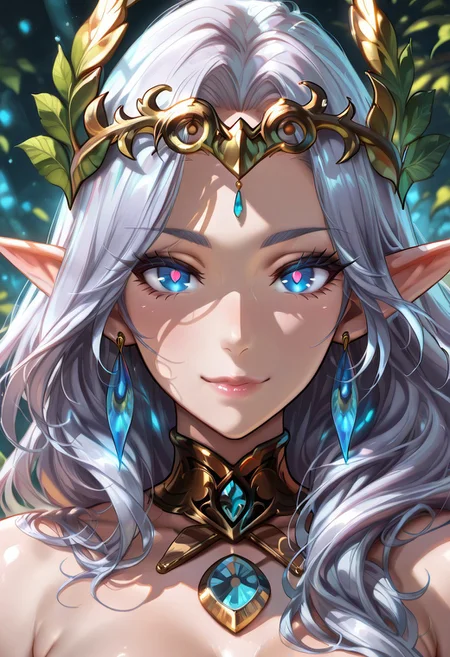 (masterpiece), (best quality), (ultra-detailed) A stunning silver-haired female elf with striking blue eyes, elegantly adorned with a golden laurel headpiece, intricate gemstone jewelry, and a finely crafted choker. She has delicate, ethereal features and a serene expression, embodying grace and mystique. Her long, flowing hair frames her face, Detailed eyes, colourful eyes detailed beautiful eyes, very high resolution eyes, black pupils, detailed beautiful eyes, sharped sightings, Light particle, medium shot, 70mm film, gorgeous lip, soft lips, detailed lips, glossy lips, and her pointed ears are adorned with gold and blue crystal earrings. an elegant face, The background is a soft, pure white with gentle green leaves floating around, adding a sense of natural harmony. Rendered in a high-quality anime art style with fine details, soft shading, and a refined color palette, the portrait captures an enchanting fantasy aesthetic in a close-up, side-profile composition.