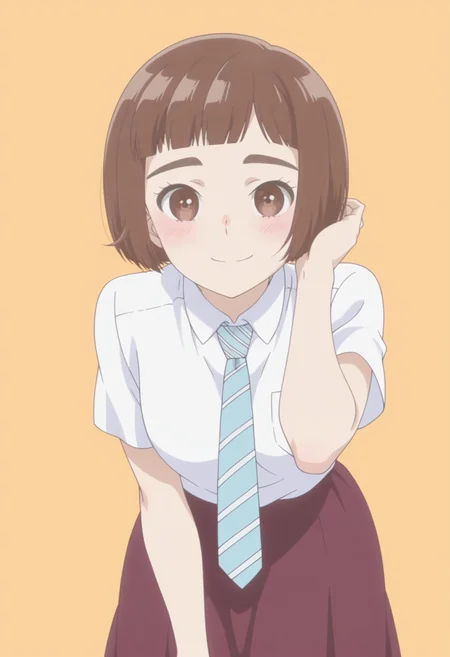 anime screencap, anime coloring,  <lora:DX888KazusaIL:1> onodera kazusa, brown eyes, thick eyebrows, brown hair, short hair, bob cut, blunt bangs, BREAK simple background,  orange background,  BREAK school uniforme, white shirt, striped necktie, skirt, BREAK  1girl, blush, hand in own hair, leaning forward, looking at viewer, smile, solo,