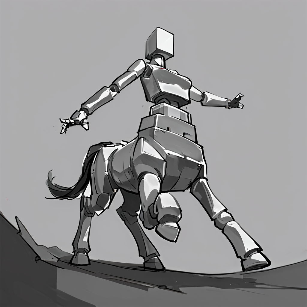 Pencil Sketch Drawing, score_9, score_8_up, score_7_up, score_6_up, score_5_up, score_4_up, source_anime, quadruped, a cute centaur girl, monochrome, greyscale, no humans, robot, mecha, ((centaur robot)), dynamic pose, flat color, sketch, black and white drawing, graphite drawing, score_9, score_8_up, score_7_up, score_6_up, score_5_up, score_4_up, source_pony,BoxPerson, monochrome, greyscale, no humans, robot, mecha, centaur robot, dynamic pose, flat color, sketch, cinematic, detailed, sharp detail,  <lora:BoxPerson:0.7>,  (breasts), <lora:Centaur_ponyxl_keyword:0.7>, graceful, [[ dynamic angle, extreme perspective,  <lora:[GP]Yaya hiyayaka style [Pony XL]:0.5>, Yaya Artstyle,  <lora:Yaya_Artstyle:0.5>, movement,  dynamic angle, foreshortening, dynamic pose, back view,  <lora:DynamicPoseXL_alpha1.0_rank4_noxattn_100steps:2> ]]