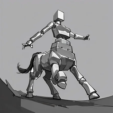 Pencil Sketch Drawing, score_9, score_8_up, score_7_up, score_6_up, score_5_up, score_4_up, source_anime, quadruped, a cute centaur girl, monochrome, greyscale, no humans, robot, mecha, ((centaur robot)), dynamic pose, flat color, sketch, black and white drawing, graphite drawing, score_9, score_8_up, score_7_up, score_6_up, score_5_up, score_4_up, source_pony,BoxPerson, monochrome, greyscale, no humans, robot, mecha, centaur robot, dynamic pose, flat color, sketch, cinematic, detailed, sharp detail,  <lora:BoxPerson:0.7>,  (breasts), <lora:Centaur_ponyxl_keyword:0.7>, graceful, [[ dynamic angle, extreme perspective,  <lora:[GP]Yaya hiyayaka style [Pony XL]:0.5>, Yaya Artstyle,  <lora:Yaya_Artstyle:0.5>, movement,  dynamic angle, foreshortening, dynamic pose, back view,  <lora:DynamicPoseXL_alpha1.0_rank4_noxattn_100steps:2> ]]