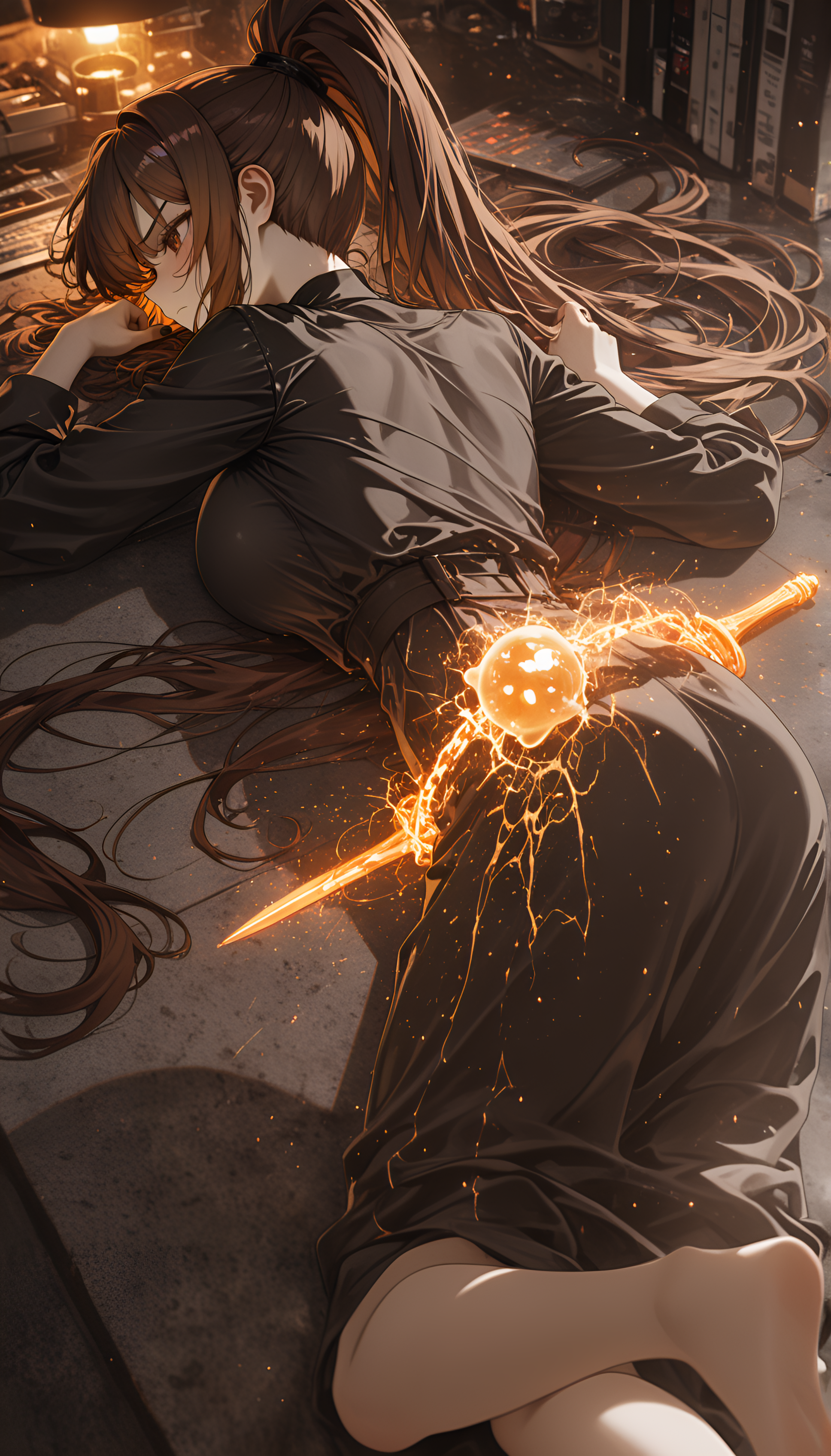 newest, slime_(creature), Chestnut brown hair, absolutely eye-catching, 1girl, motion_lines:1.1, view of stars., masterpiece, chin_in_hands, amazing quality, nail_polish, ultra-detailed, ornate dagger pulsing with dark energy, Dagger, depth of field, large breasts, ambient occlusion, absurdres, motion_blur:1.1, barefoot, very aesthetic, anime character, Dawn, Neon Brown Theme, lean muscle, 8K, determined frown), succubus, Spaceship docking bay, high ponytail, on_stomach, very long hair, lying, Button-down shirt dress with a belted waist and roll-up sleeves., 2boys, Stubborn expression (Set jaw, best quality, Maaya Awatsuki (A Certain Scientific Railgun), dark priestess, vhs tape aesthetic, Aerial Perspective / Atmospheric Haze, glow, pale skin, Back view, HDR