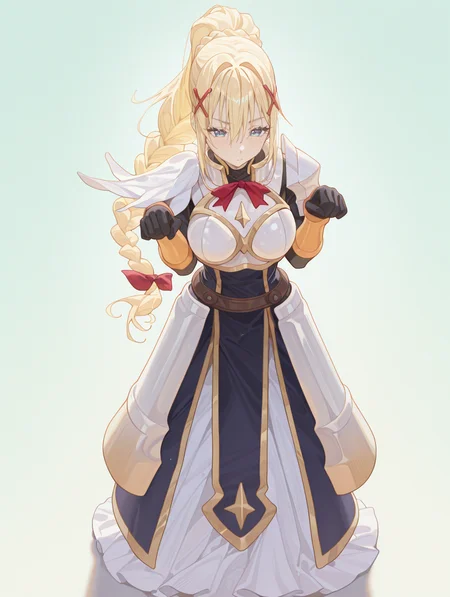 perfect quality,high quality,masterpiece,best quality,amazing quality,very aesthetic,absurdres,newest,
front view,full_shot,
DustinessCYQL,1girl,solo,blonde hair,long hair,ponytail,braid,hair between eyes,blue eyes,hair ornament,x hair ornament,armor,armored dress,shoulder armor,gloves,black gloves,breasts,dress,breastplate,
full body,standing,paw_pose,,
azure background,simple background,
qxys,<lora:spo_sdxl_10ep_4k-data_lora_webui:0.7>,<lora:illustrious_all_rated_v1:0.7>,<lora:laser_light_clothes_v0.5-pony:0.4>,<lora:HG2512 by CYQL:0.9>,HG2512,<lora:lora-000004.by_tusi:1>,