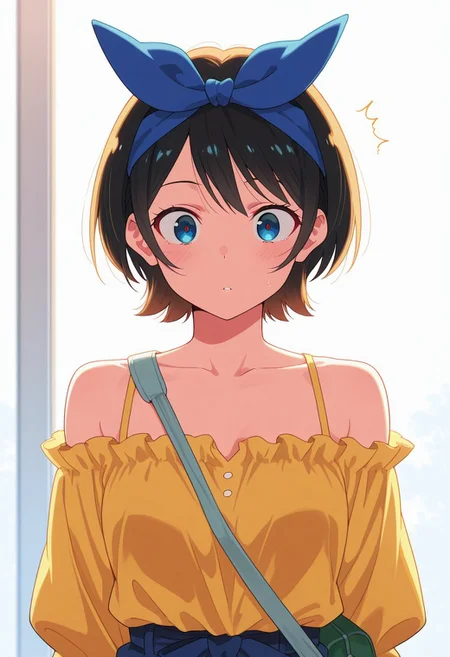 Score 9, Score 8, Score 7, Masterpiece, Superior Quality, Amazing Quality, Masterpiece, Maximum Quality, Ultra-detailed, Alone, White Frame, Maximum Contrast, Saturated Color, Bright Colors, Dynamic Lighting, alone, 20 years old, female body,
Ruka Sarashina
in a clothing store, yellow blouse, low-cut blouse, bare shoulders, a green woman's bag, blue bow, clothes around, looking at clothes, medium shot, half body, amazed at clothes, looking at blouses,
