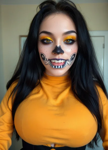 score_9, score_8_up, score_7_up, score_6_up, 1girl,gigantic breasts, long hair, narrow waist, halloween makeup, 1girl, solo, black hair, teeth, yellow eyes, looking at viewer, colored sclera, portrait, long hair, freckles, sharp teeth, mask, horror (theme), <lora:NeoNi_HMUP:0.7>