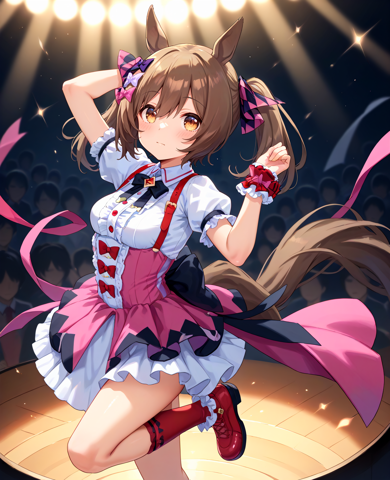 score_9, score_8_up, score_7_up, 1girl, (looking at viewer:1.2), (closed mouth:0.6), worried,, blush, simple background,, (Dancing with one arm raised:1.2),, (full body:1.2),
<lora:pony_smart_falcon_v1.01:0.9>, smart falcon \(umamusume\), horse ears, horse tail, medium breasts, twintails,
puffy short sleeves, white shirt, white layered skirt, pink corset skirt, red suspenders, plaid pattern hair ribbon, red kneehighs, bridal garter, wrist cuffs, black bowtie, low back multicolored ribbon, hairclip, red ribbon, center frills, ,
,