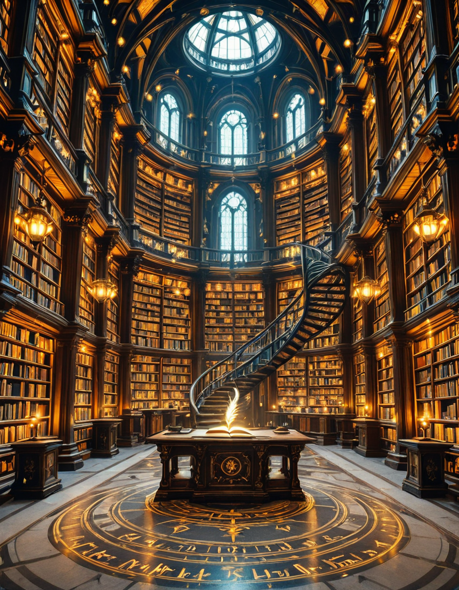 grand enchanted library filled with towering wooden bookshelves that stretch endlessly into the distance, packed with ancient, leather-bound books glowing with mystical runes. The atmosphere is illuminated by floating candles and ethereal blue and golden lights that hover in the air, casting a warm, magical glow. A spiral staircase made of dark oak winds upward, disappearing into the shadows of the high-vaulted ceiling adorned with intricate celestial carvings. Wisps of enchanted mist swirl around the floor, while some books levitate gently from shelf to shelf, as if guided by an unseen force. The air shimmers with dust particles suspended in soft, golden light filtering through stained glass windows, depicting mythical creatures and arcane symbols. The scene is rich in deep, warm tones of mahogany, gold, and sapphire, evoking a sense of wonder, mystery, and timeless knowledge. The image is highly detailed and photorealistic, capturing the textures of the aged books, the glow of magical elements, and the enchanting stillness of this mystical sanctuary of wisdom.
<lora:SDXLFaeTastic2400:0.4> <lora:extremely_detailed:0.4> extremely detailed,<lora:3nch4nt3d_l1br4ry-ill:1>,3nch4nt3d l1br4ry, Masterpiece,best quality,hi res,8k,hi res,8k,award winning,(sharp focus, intricate, highly detailed),