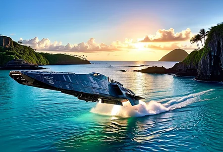 photograph, angled (Star Wars:1.3) (WipEout anti-gravity craft), (split-front:1.3), flare, landing in the waters of a lagoon, tropical island, blue sky, sunset, sharp, high detailed, realistic, sleek, scifi, futuristic, science fiction, sharp focus, masterpiece, best quality