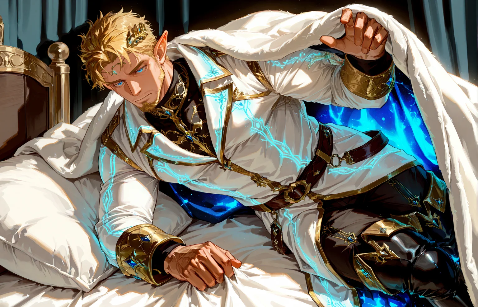 <lora:pose_LoRAUnderCoversNoobAIXLPred:1> under covers, 1boy, solo, pov, male focus, under covers, lying, under covers, lying, on side, on bed, pillow, looking at viewer
<lora:Nasario__Alchemist_Code-000003:.7>, tagatamenasario, 1boy, elf, blonde, middle hair, blue eyes, gold hair ornament, hair accessory, solo, male focus, manly, mature male, bara, muscle body, coat, shirt, turtleneck, long sleeves, gold trim, glowing pattern, pants, full-leg boots,
cowboy shot,
(very short hair, beard, bara, mature, facial hair, stubble, beard, full beard, sideburn, beard, a lot of beard, ), facial hair,male focus, muscular male, muscular male, bara, mature, bara, mature, aixiwuganda_(20222192), very awa, masterpiece, best quality, absurdres, newest, perfect quality, detailed background, intricate details,
<lora:slider_Body Type_alpha1.0_rank4_noxattn_last:3><lora:Anime Summer Days 2 Style SDXL_LoRA_Pony Diffusion V6 XL:.6><lora:slider_cfg_scale_boost:.7><lora:Artist6p:.55>, Artist6p, Artist04p,<lora:slider_il_brightness_slider_d1:-1><lora:slider_il_contrast_slider_d1:-1><lora:slider_DarkSlider1.2_alpha1.0_rank16_full_300steps:-.6><lora:slider_contract_controller_illus01_v1:.5>,