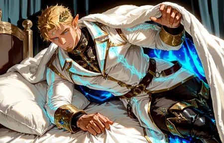 <lora:pose_LoRAUnderCoversNoobAIXLPred:1> under covers, 1boy, solo, pov, male focus, under covers, lying, under covers, lying, on side, on bed, pillow, looking at viewer
<lora:Nasario__Alchemist_Code-000003:.7>, tagatamenasario, 1boy, elf, blonde, middle hair, blue eyes, gold hair ornament, hair accessory, solo, male focus, manly, mature male, bara, muscle body, coat, shirt, turtleneck, long sleeves, gold trim, glowing pattern, pants, full-leg boots,
cowboy shot,
(very short hair, beard, bara, mature, facial hair, stubble, beard, full beard, sideburn, beard, a lot of beard, ), facial hair,male focus, muscular male, muscular male, bara, mature,  bara, mature, aixiwuganda_(20222192), very awa, masterpiece, best quality, absurdres, newest, perfect quality, detailed background, intricate details,
<lora:slider_Body Type_alpha1.0_rank4_noxattn_last:3><lora:Anime Summer Days 2 Style SDXL_LoRA_Pony Diffusion V6 XL:.6><lora:slider_cfg_scale_boost:.7><lora:Artist6p:.55>, Artist6p, Artist04p,<lora:slider_il_brightness_slider_d1:-1><lora:slider_il_contrast_slider_d1:-1><lora:slider_DarkSlider1.2_alpha1.0_rank16_full_300steps:-.6><lora:slider_contract_controller_illus01_v1:.5>,