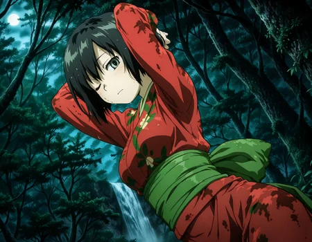 (1girl, solo:1.3), (2girls, 3girls, 4girls, multiple girls, 2boys, 3boys, 4boys, multiple boys:-1.5) <lora:Ioroi_Renzu_Mushi-shi_Illustrious:0.9>, ioroi_renzu, medium breasts, grey eyes, green eyes, black hair, short hair, bob cut, bangs, hair between eyes, japanese clothes, kimono, red kimono, obi, green obi, sandals shy, one eye closed, general, contrapposto, dynamic pose, arms behind head, upper body, from behind, from below, dutch angle, outdoors, forest, japanese forest, japanese shrine, (torii:-1.0), ancient forest, dense foliage, mossy trees, mist, eerie silence, no people, overgrown, primeval, twilight lighting, mystical, waterfall, A vast, untouched forest frozen in time, where ancient, towering trees with thick, moss-covered trunks rise from a ground layered with centuries of decaying leaves and soft green undergrowth. Twisted roots snake across damp soil, and the air hangs heavy with mist and silence. Shafts of pale light struggle to pierce the dense canopy, casting a faint glow on the shadowy floor below. Ferns and strange fungi thrive in the perpetual twilight, and no sign of human presence disturbs the eerie stillness. The atmosphere feels sacred, as if the forest itself is watching. A green forest with tall trees and dense foliage, an abstract depiction of a tranquil forest scene, where the towering trees create a serene, mystical atmosphere. The forest floor is covered with rich greenery, and the soft natural light filters gently through the leaves, subtly illuminating the scene without overpowering the natural beauty of the surroundings. (close-up:1.3), face focus, midnight, fog, after rain, , evening, (from above:1.2), , from side, (light leaks, light rays:1.1), <lora:NOOB_EPSv1_1_detailer_by_vlnvk_v1_0:1.5>, (photo background:0.7), night, (tachibana yuu:0.6), inue shinsuke, (kazuma muramasa:0.0), saikawa yusa, (aoi manabu:0.6), abarerumidori, (suzui narumi:0.6), masterpiece, newest, absurdres, 8K, anime screenshot, anime coloring, flat color, official art, film grain, <lora:illustriousXLv01_stabilizer_v1.185c:0.7>, <lora:LECO_Solo:-4.0>,