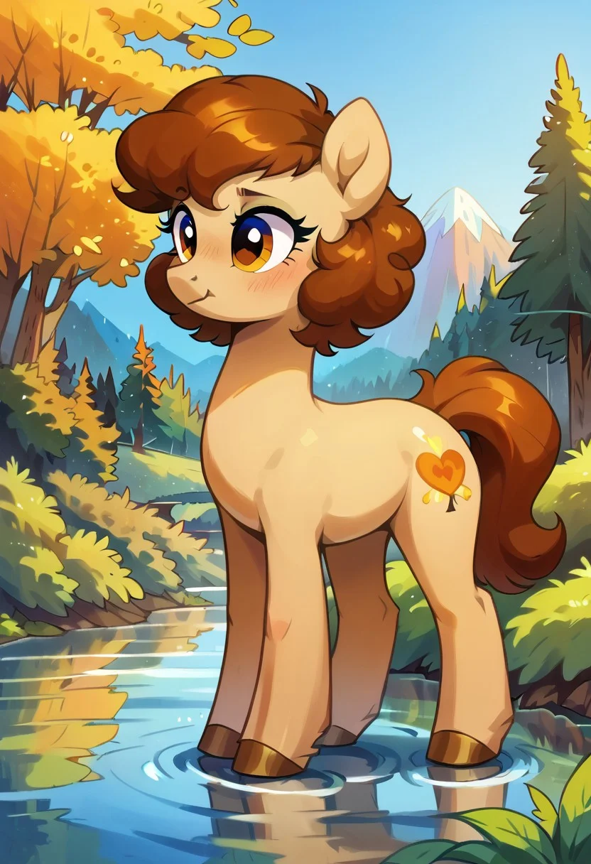 score_9, score_8_up, score_7_up, score_6_up, 1girl, pony, feral, petite body, tail, earthpony,hooves,photo_realistic,Medium length hair,dark golden eyes, brown hair,Light brown skin,blue sky (sunny), woods,river, Cutie mark:A split heart down the middle which red on the left and black on the right,awesome,feeling puzzled