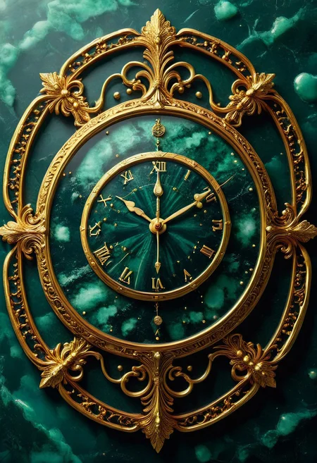 made from jade and obsidian, jade, obsidian,score_9, score_8_up, score_7_up, expensive looking, clock, golden clockhandsб golden metal pattern (mtlartCE_style)