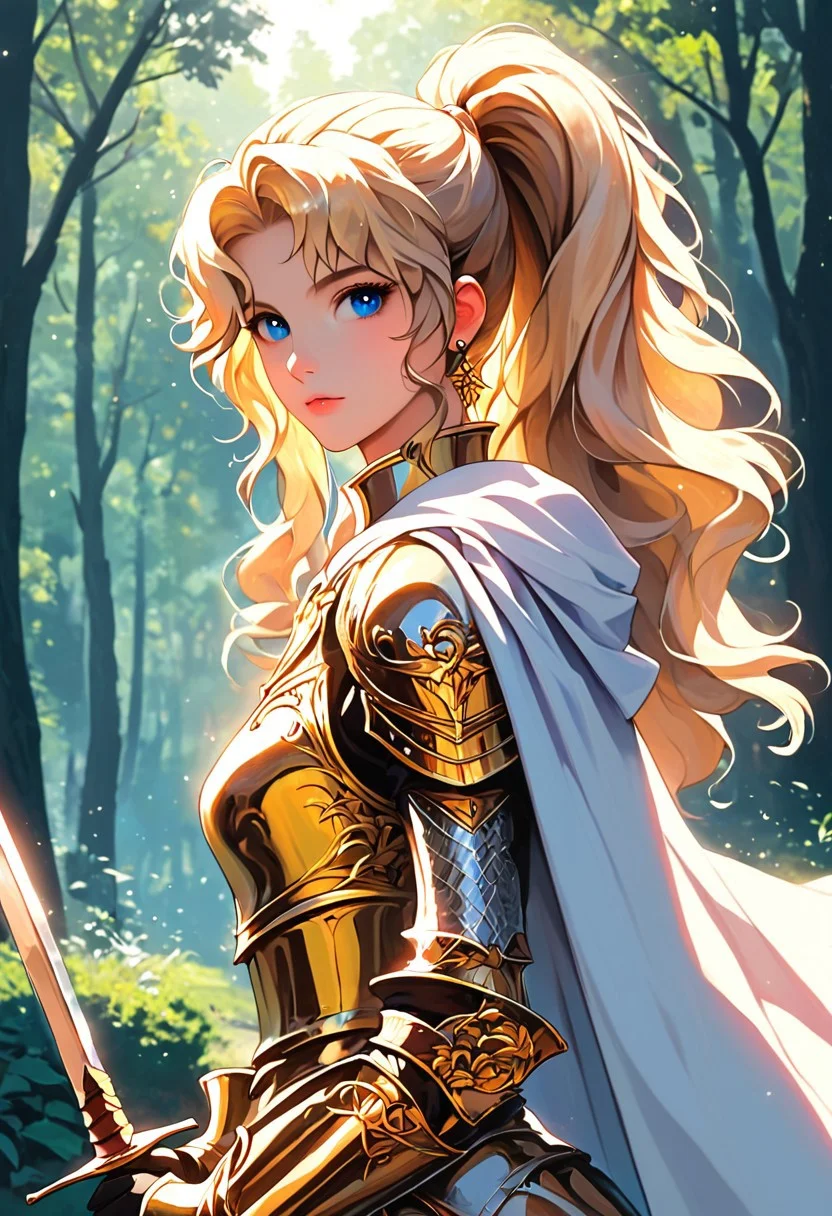 1girl, weapon, armor, sword, blue eyes, holding weapon, solo, blonde hair, holding sword, looking at viewer, cape, holding, forest, long hair, white cape, nature, shoulder armor, ponytail, gold armor, gloves, breastplate, outdoors, nose, pauldrons, tree, from side, blurry background, closed mouth, blurry, knight, bush, plate armor, wavy hair, vambraces, black gloves, gauntlets, upper body, standing, faulds, two-handed, earring, reflection,
rimixa,, <lora:Ri-MIX_A_Illustriousv-000010:1>, masterwork, masterpiece, best quality, dynamic lighting , dynamic pose,, dynamic angle, lips, nose