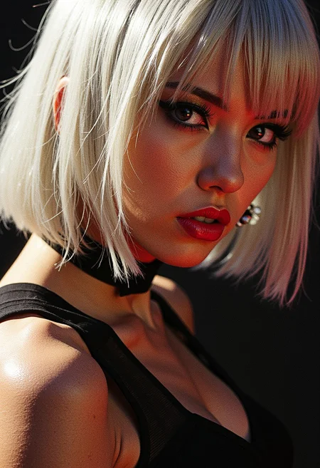 closeup zoomed in portrait of a femme fatale Japanese woman, straight-cut platinum bob, earrings, dark eyeshadow, mascara, red lips, choker, seductive, lustful, sultry, choker, professional photography, directional lighting, viewed from the side