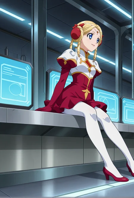 indoor, factory, sci-fi,
light smile, small breasts,
full body, sitting, dynamic angle, from below,
BREAK,
<lora:shineX_illustriousXL_v01:1>
shineplt, blonde hair, blue eyes, double bun, hair rings, side drills, jewelry,
shinepltdre, puffy sleeves, short dress, red gloves, red dress.
white pantyhose, low heels pumps, red footwears,, source_anime, very aesthetic, anime coloring, masterpiece, official art,
best quality, amazing quality, ultra detailed, very aesthetic,
detailed background,
BREAK,