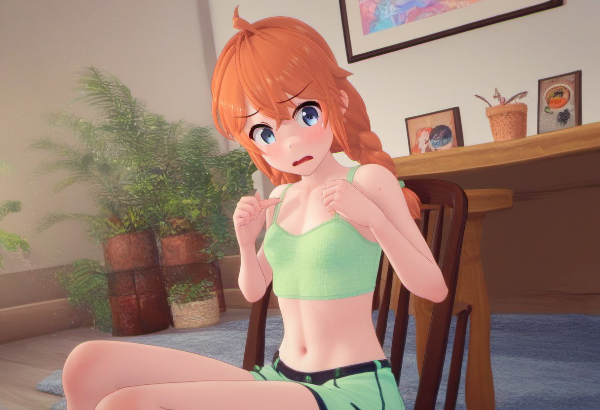 zPDXL, score_9, score_8_up, score_7_up, score_6_up, score_5_up, score_4_up, BREAK  <lora:Molly_MacCormack_from_LiL_PonyXL:0.8>, summer_molly, 1girl, solo, sitting, navel, indoors, midriff, open mouth, chair, small breasts, hair between eyes, looking at viewer, embarrassed