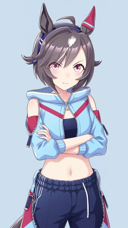 1girl,believe \(umamusume\),ahoge,black hair,multicolored hair,white hair,short hair,hair ornament,blue hairband,blue hoodie,blue shorts,crop top,drawstring,hood,hood down,hoodie,long sleeves,midriff,navel,shorts,crotch zipper,zipper pants,(cowboy shot:1.4),<lora:believe:0.8>,simple background,pose,