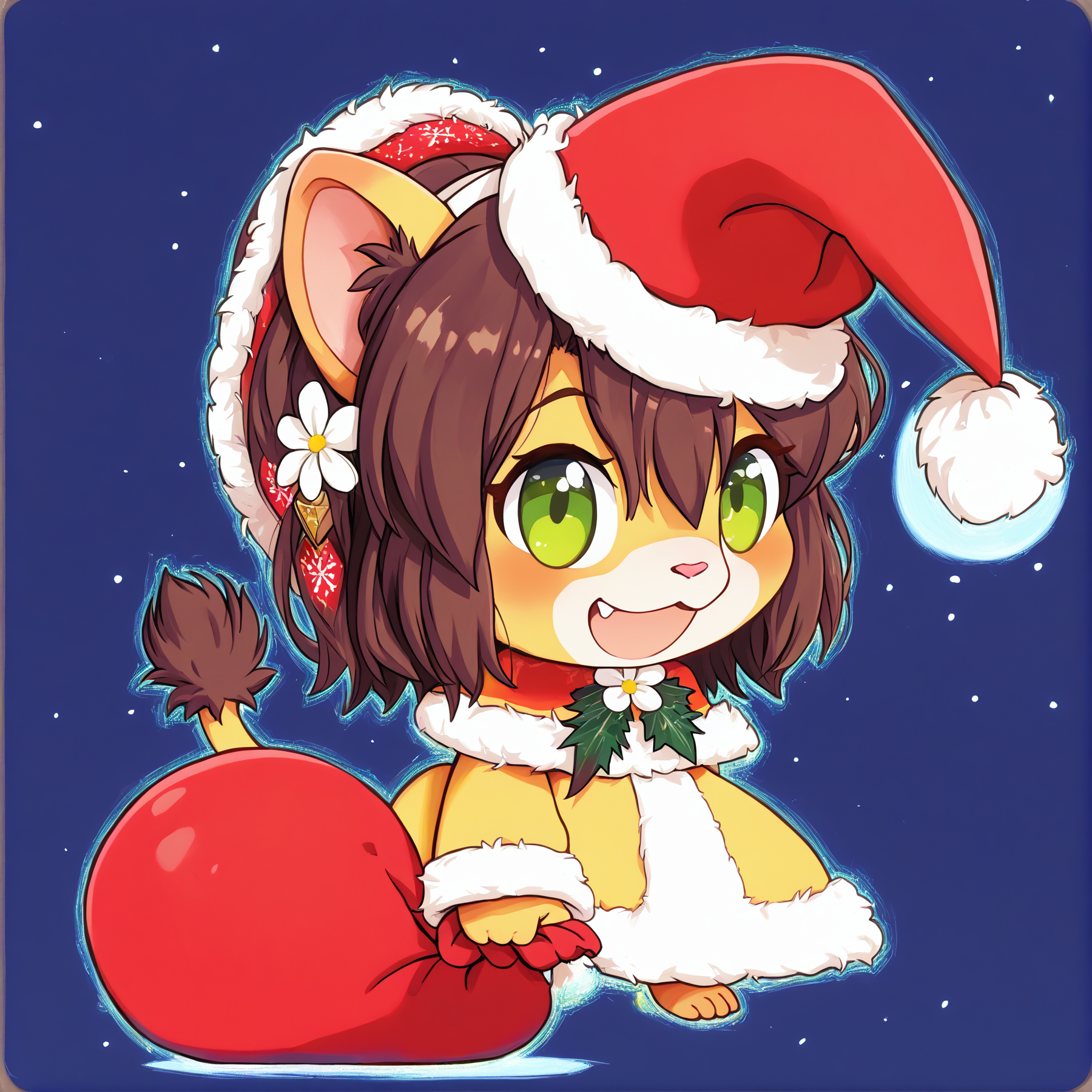 padoru <lora:padoru-IL-1.0:1>, masterpiece, perfect quality, best quality, anime coloring, 1girl, solo, padorumeme, padoru, simple dark blue background, Keiko, 1girl, solo, brown hair, furry female, green eyes, smile, animal ears, tail, animal nose, hairband, hair ornament, hair flower, body fur, short hair, bangs, lion ears,  <lora:Keiko_v03_PDXL:1>, christmas hat, score_9, score_8_up, score_7_up, score_6_up, score_5_up, score_4_up,