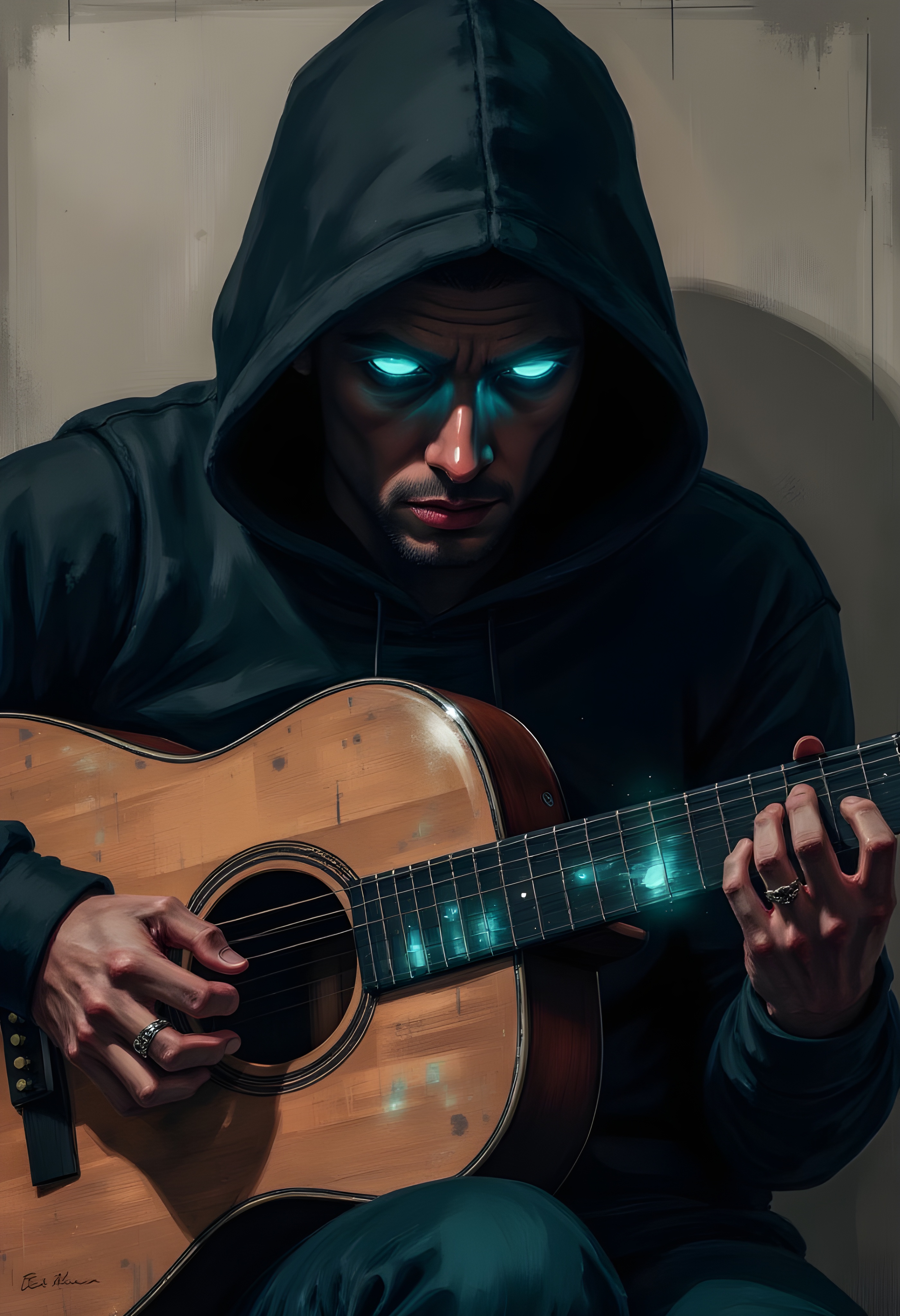 cinna flow, Mysterious figure playing a guitar; dark, hooded figure, mid-20s to 40s, unknown ethnicity, playing acoustic guitar with glowing lights; black hooded sweatshirt, wearing a ring on one hand; expression of focus and deep thought; muted, serious yet introspective mood; large expressive eyes glowing in bright blue; hands gripping the guitar strings; guitar, worn, light brown wood with numerous tiny water-like textures; brightly colored, glowing lights on the guitar body, rainbow spectrum; pale beige wall background with subtle texture; dramatic lighting emphasizing the figure and instrument, low-key and intimate atmosphere; detailed fine line artwork style with a slightly painterly effect; artistic and melancholic, emotional feel of contemplation and introspection; close-up, slightly angled view focusing on the player and instrument; realistic guitar strings, realistic anatomy; art nouveau or graphic novel style, melancholic mood.