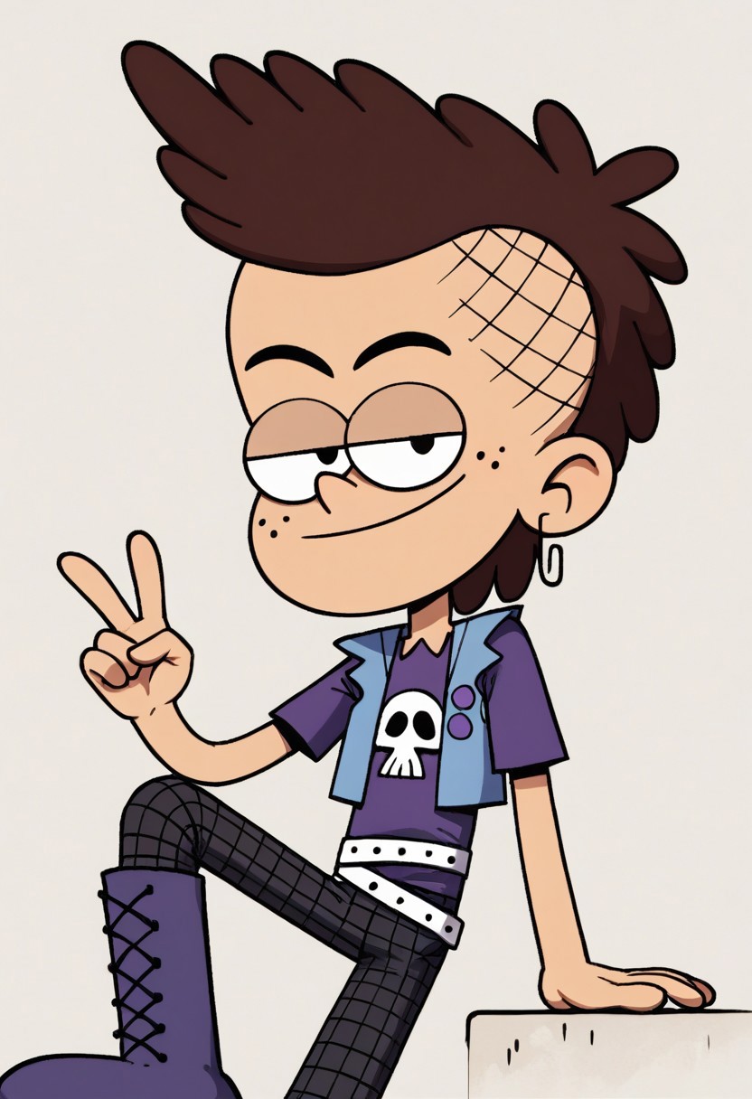 (score_9 | score_8_up | score_7_up) ((masterpiece:1))(best quality,very high quality,ultra detailed:1.2) (2D,cartoon style,anime style)(Smooth:2)(clean blurring) (four fingers on each hand,one thumb on each hand:1), Luke loud, solo, 1boy, Brown hair, faux hawk hairstyle, freckles on his face, purple shirt with a skull, blue vest, purple boots, black checkered pants, grey belt wrapped around his pants, paper clip earrings,