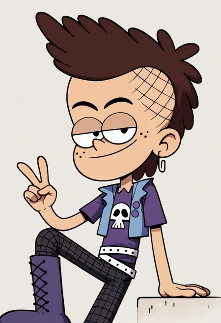 (score_9 | score_8_up | score_7_up) ((masterpiece:1))(best quality,very high quality,ultra detailed:1.2) (2D,cartoon style,anime style)(Smooth:2)(clean blurring) (four fingers on each hand,one thumb on each hand:1), Luke loud, solo, 1boy, Brown hair, faux hawk hairstyle, freckles on his face, purple shirt with a skull, blue vest, purple boots, black checkered pants, grey belt wrapped around his pants, paper clip earrings,