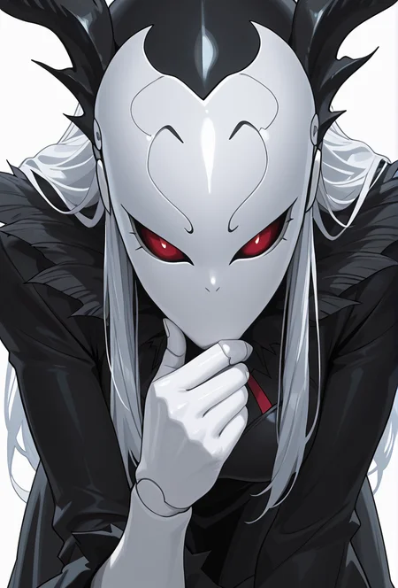 Smooth Quality,masterpiece,very intricate, high quality details, ultra realistic, high detailed skin,detailed enviorement,absurdres,
simple background, white background, 
bent over,thinking,
 <lora:Berettacnn:0.8>  beretacnn,.1girl, long hair,red eyes, mask, black dress,